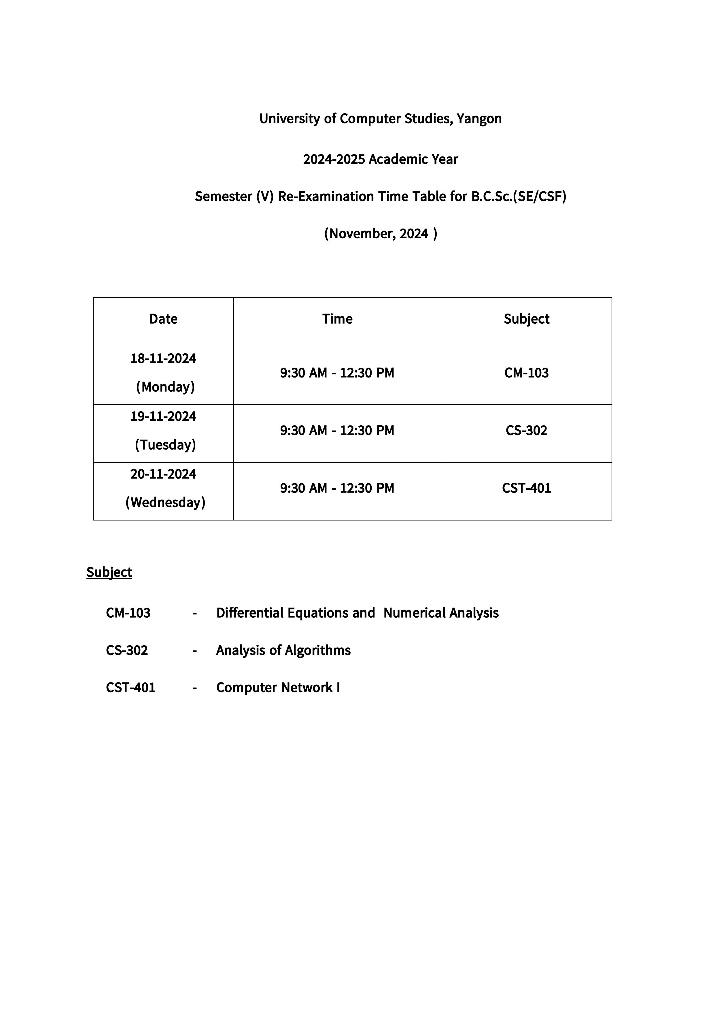 Re-exam Time-table